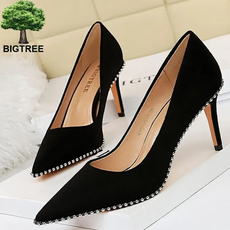

BIGTREE Shoes Black Heels Metal Beads Woman Pumps Suede High Heels Stiletto Wedding Shoes Women Heels Female Plus Size 41 42 43