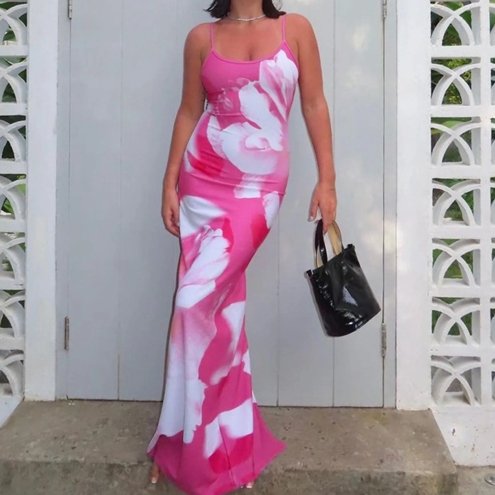 

Женское пляжное платье с цветочным принтом, пикантное платье с U-образным вырезом и открытой спиной, с разрезом, на бретелях, с оборками и запахом