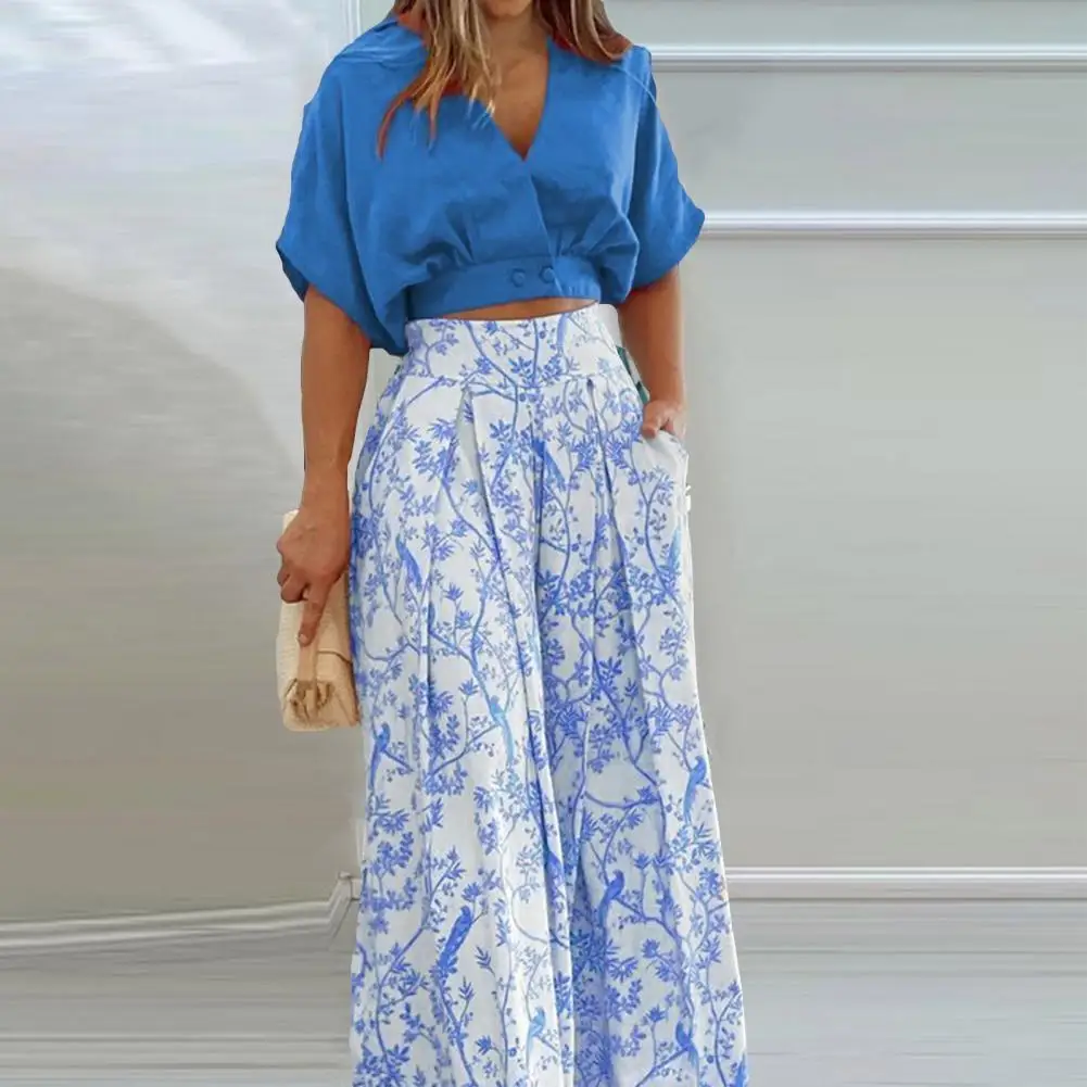 

1 Set Womens Two Piece Sets Wide Leg Pant Sexy Mid Sleeve Shirt Crop Top Pants Floral Print Summer Printed Pants Set Streetwear