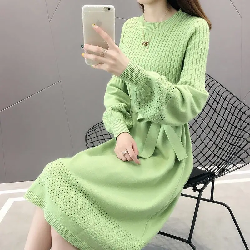 

2022 Elegant Long Sleeve Knit Dress Basic Lace-up Fashion Sweater Vestidos Women Autumn and Winter Solid Color Clothing T86