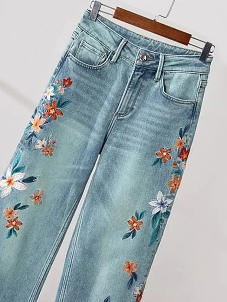 Женские узкие джинсы с вышивкой универсальные прямые широкие брюки в