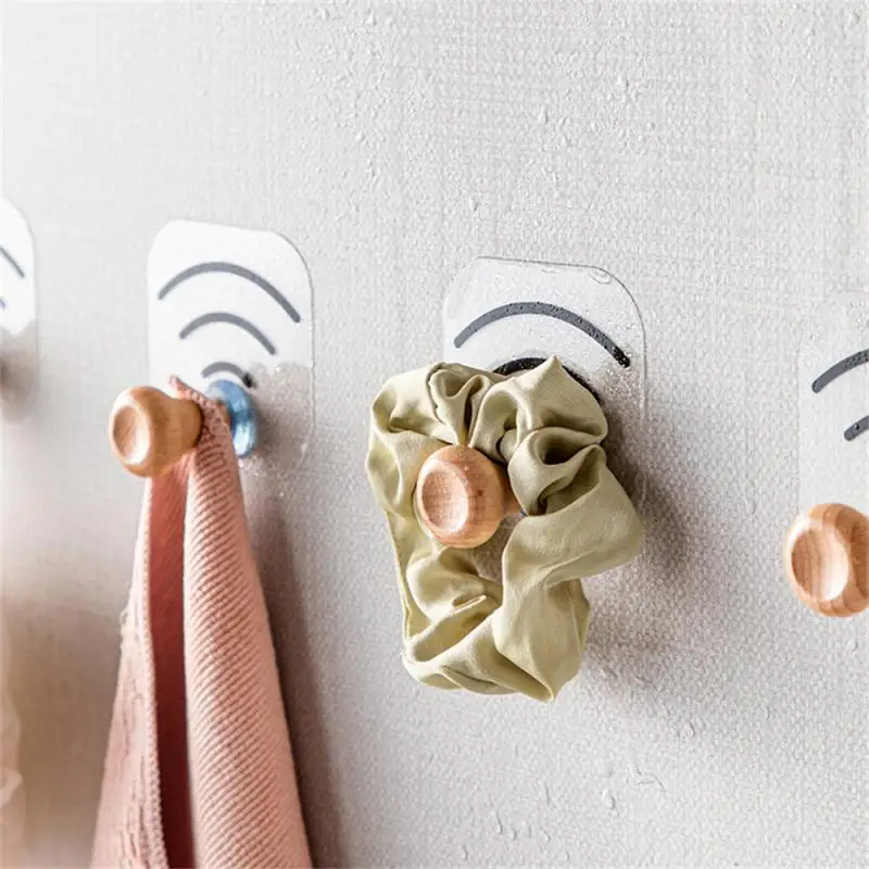 

Punch-free Key Hanger Wood Wall Hook Round Door Hat Hook Bathroom Accessories Creative Hanger Hooks Single Hook Wood Hook