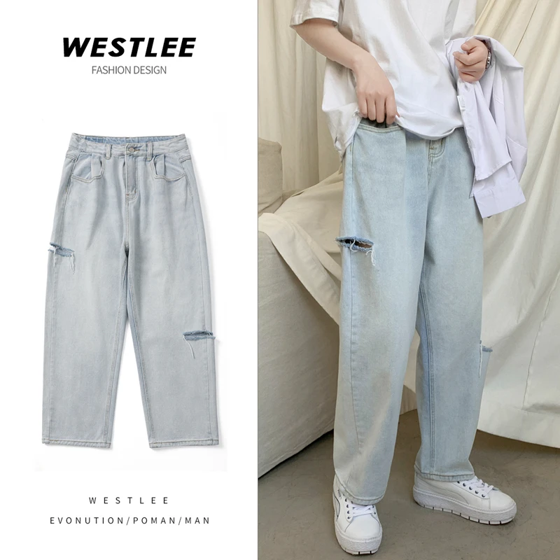 

2022 Spring/Summer New Men's Light Baggy Jeans Korean Fashion Streetwear Ripped Denim Cropped Pants Male Brand Clothes