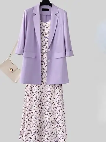 Новый летний костюм, женский свободный костюм в стиле оверсайз, пиджак + шифоновое платье, женское элегантное офисное платье из двух предмет...
