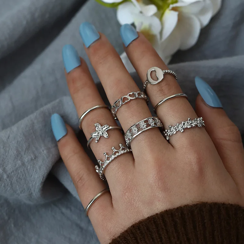 

New Finger Rings for Women Stainless Steel Silver Set Heart Crown Flower Shape Vintage Punk Free Shipping Fashion Jewelry Gift