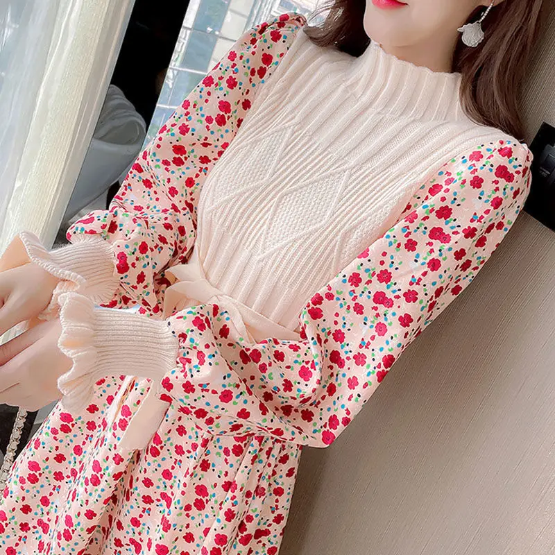 

Autumn Slim Patchwork Long Sweater Floral Print Dress Women Spring Knit A-line Dresses Female Casual Sweater Dress with Belt T76