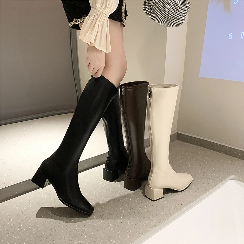 2022 new winter fleece mid-heeled knight boots women's high-tube thin high-heeled boots square toe PU rear zipper square heel
