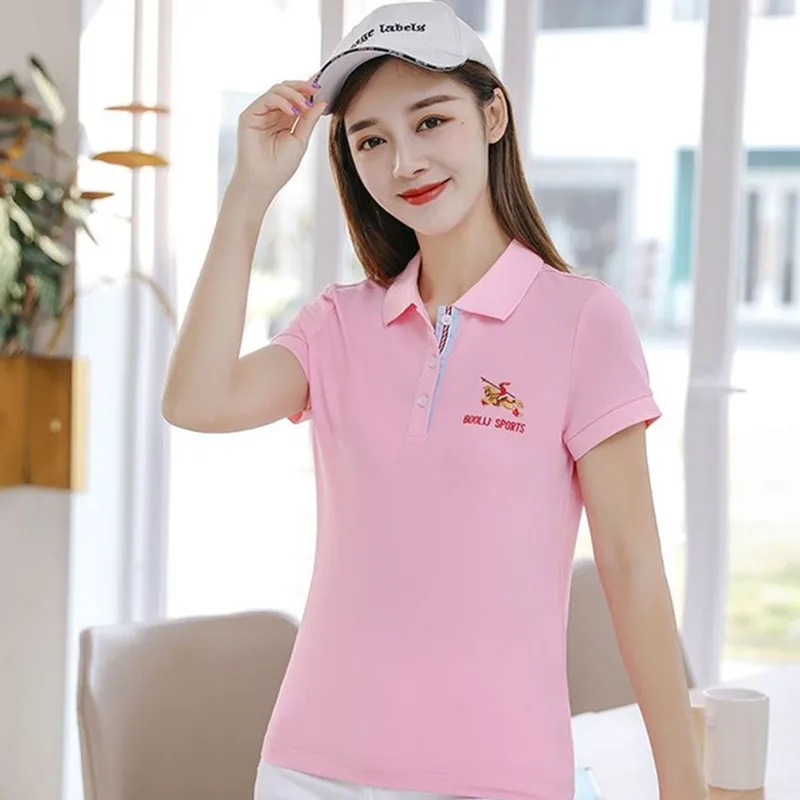 Golf wear Women T-shirt cotton Summer Solid color embroidery golf Polo shirt Short sleeve Lapel tees Women's Golf Uniform tops