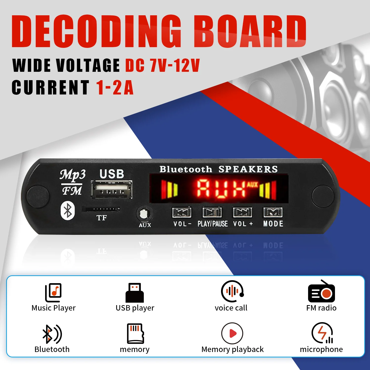 12V Bluetooth 5.0 MP3 Decoding Board Module Wireless Car USB Player TF Card Slot FM with Microphone Handsfree control