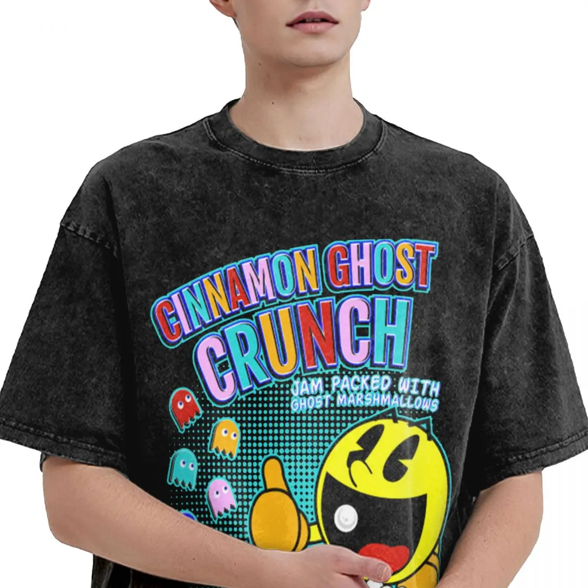 Промытые футболки Cinnamon Ghost Crunch Футболка Pacman Pakkuman Ретро 80s Аркадные игры Уличная
