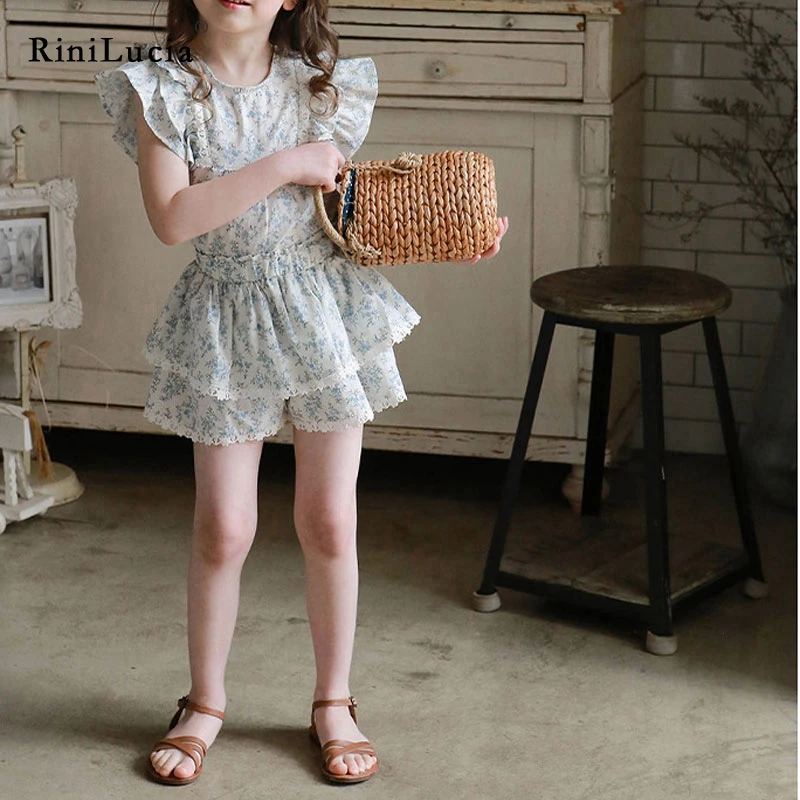 

RiniLucia 2022 New Summer Casual Girls Blouse Fashion Floral Print Ruffles Loose Sweet Tee Sets Children Clothing for Kids