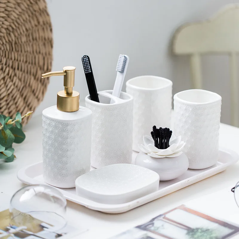 

Simple White Ceramic Multifunctional Lotion Bottle Set Mouthwash Cup Toothbrush Holder Storage Box Bathroom Accessories Modern