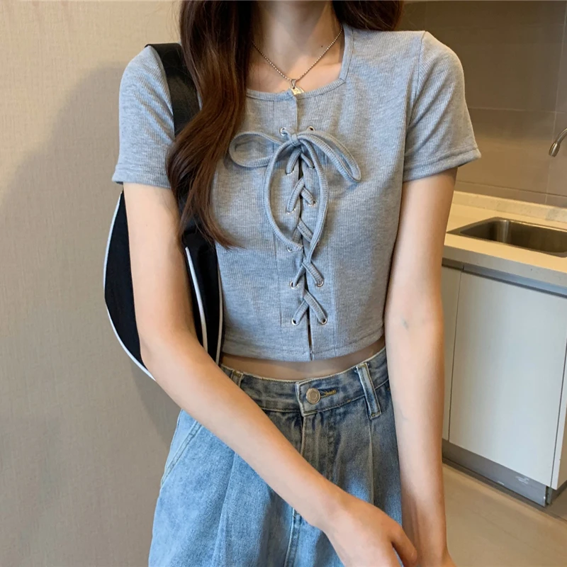 

GGRIGHT Casual Front Lace Up T Shirt Women Summer Crop Tops 2022 Square Neck Cotton Tee Shirt Femme Poleras Mujer Camisetas
