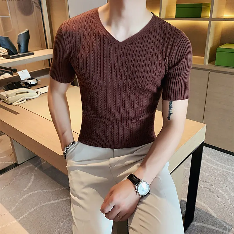2023 Summer Thin Dark Striped T Shirt Men's Clothes Short Sleeved V Neck Slim Fit Elastic Tee Tops All-match Bottoming Shirt