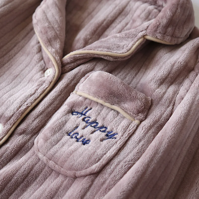 Women's Winter Fleece Pajama Set Turn Down Collar Ladies Homesuit Solid Long Sleeve Single Breasted Sleepwear For Female