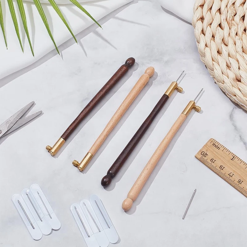 4 Pcs Tambour Hooks Kit With 12 Needles Embroidery Crochet Wooden Handle Sequin Beads Needle Set