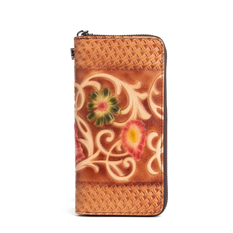 

Vintage Genuine Leather Wallet Women Floral Ladies Leather Purse Long Girls Cowhide Clutch Hand Bag for Cell Phone and Card