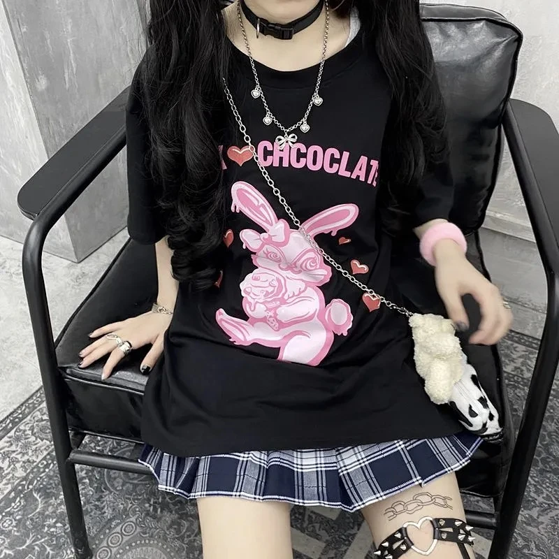 

Vintage Harajuku Summer Girl Tops Punk Cute Rabbit Cartoon Letter Print Oversized Loose Female T-shirt Women Gothic Clothes 2021