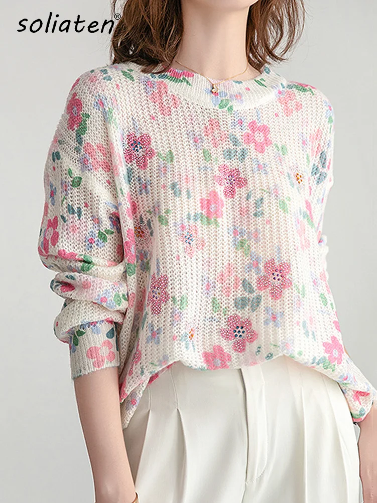 

Женский Мохеровый джемпер с бриллиантами, Повседневные пуловеры с цветочным принтом, винтажный трикотажный свитер для весны и осени, 2022