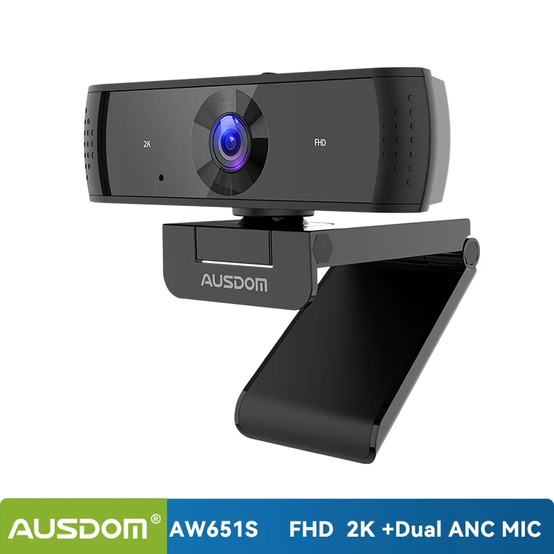 AUSDOM-cámara Web AW651S 2K con micrófonos, Webcam con cubierta, 30Fps, enfoque automático, para Switch/PC/portátil/Streaming