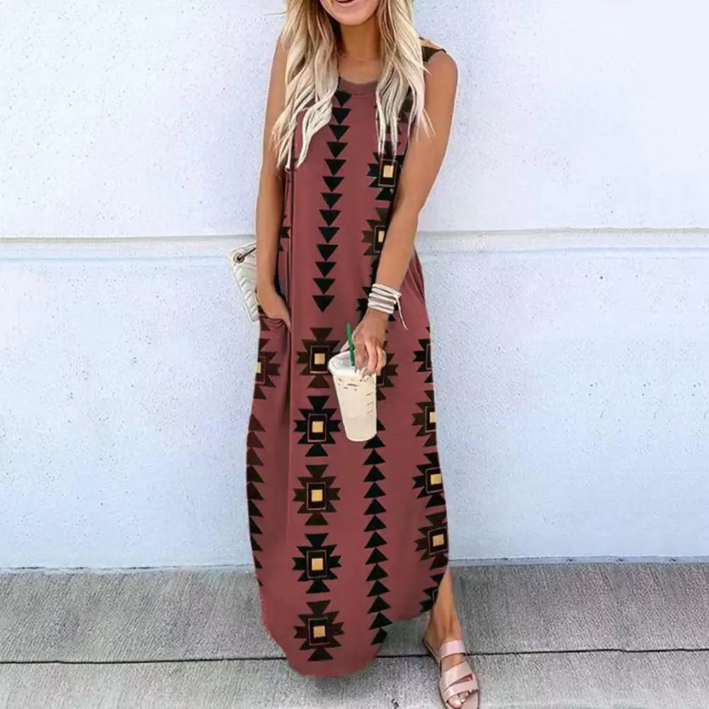 Lady Casual Dress Geometric Print Sleeveless Summer Dress Ankle Length Loose Fit with Patch Pockets Women's Vest Dress Geometric