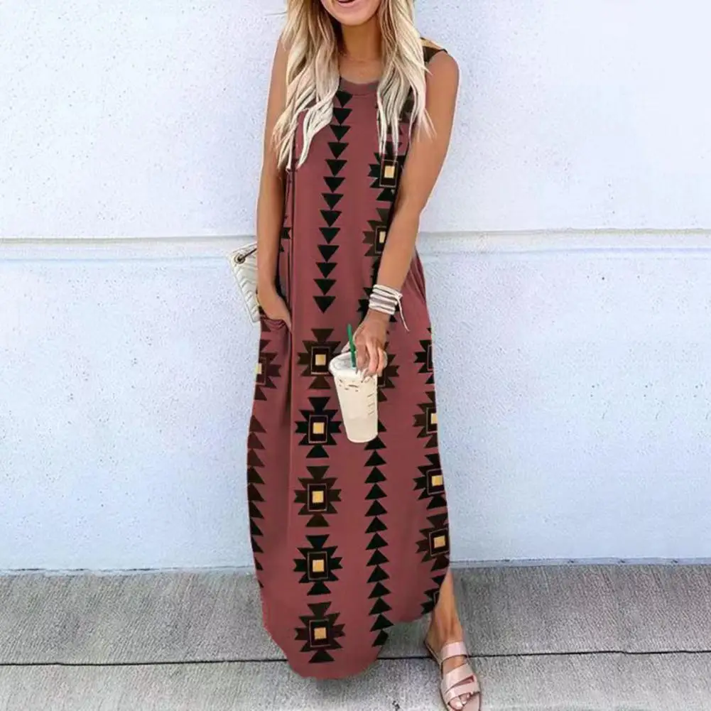 

Lady Casual Dress Geometric Print Sleeveless Summer Dress Ankle Length Loose Fit with Patch Pockets Women's Vest Dress Geometric