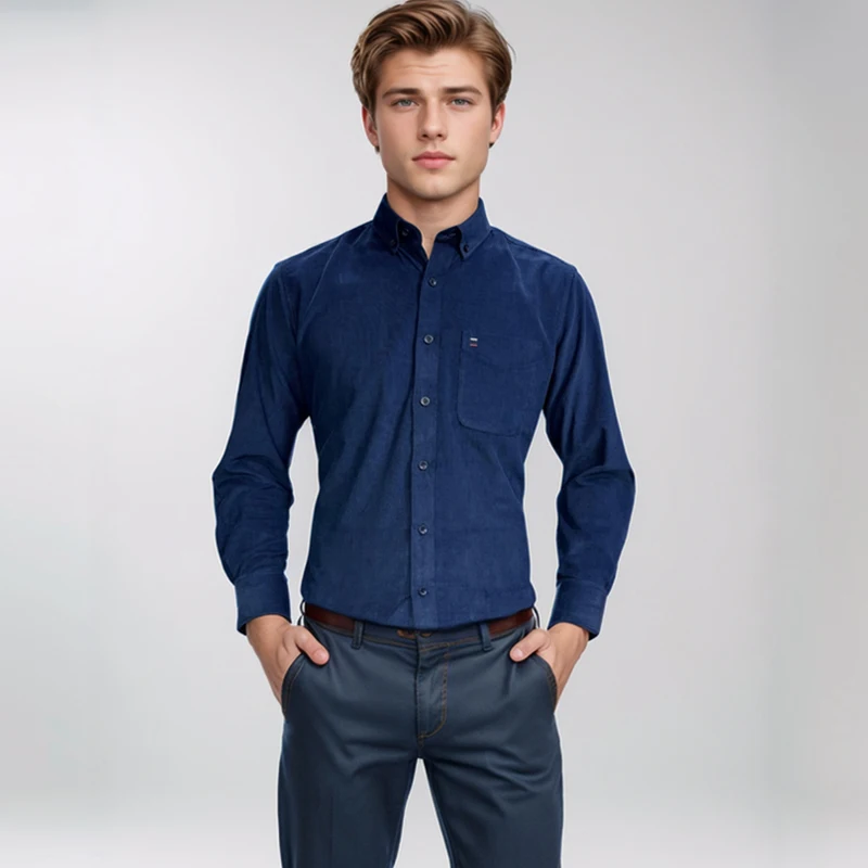 Фото 7XL 6XL 5XL Вельветовые рубашки мужские с длинным рукавом из 100% хлопка Повседневная домашняя рубашка стандартного кроя Мужская удобная одежда с карманами №1