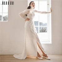 2022 elegant pleat soft satin wedding dresses backless high slit simple long sleeves plus size v neck sweep train bridal gowns