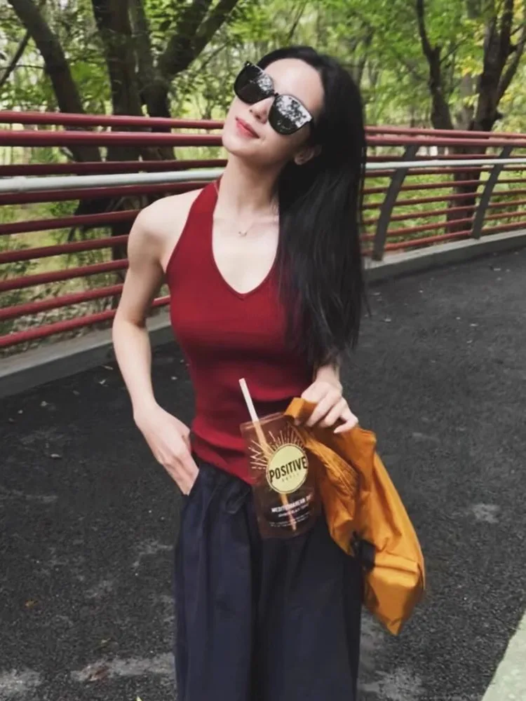 Французский шикарный красный вязаный жилет с v-образным вырезом и висячим на