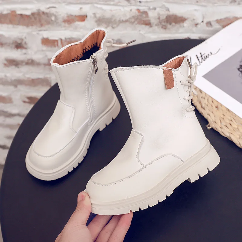 

Girls Boots Spring 2021 Autumn Kids Princess Short Boots Korean Style Soft Back Lace-up Solid Black Boys Combat Martin Boots PU