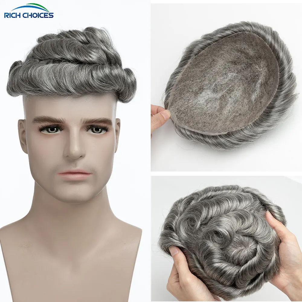 8x10 Grey Hair Men Toupee Human Hair Thin Skin PU 0.1mm Capillary Prosthesis Hair Unit Replacement System Wig For Men