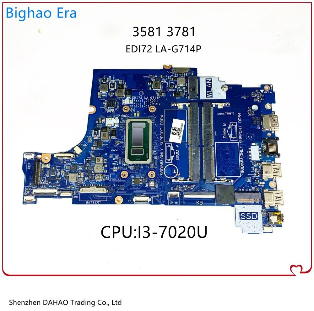 

EDI72 LA-G714P For DELL Inspiron 3581 3781 Laptop motherboard With i3-7020U CPU CN-0M5KN5 M5KN5 DDR4