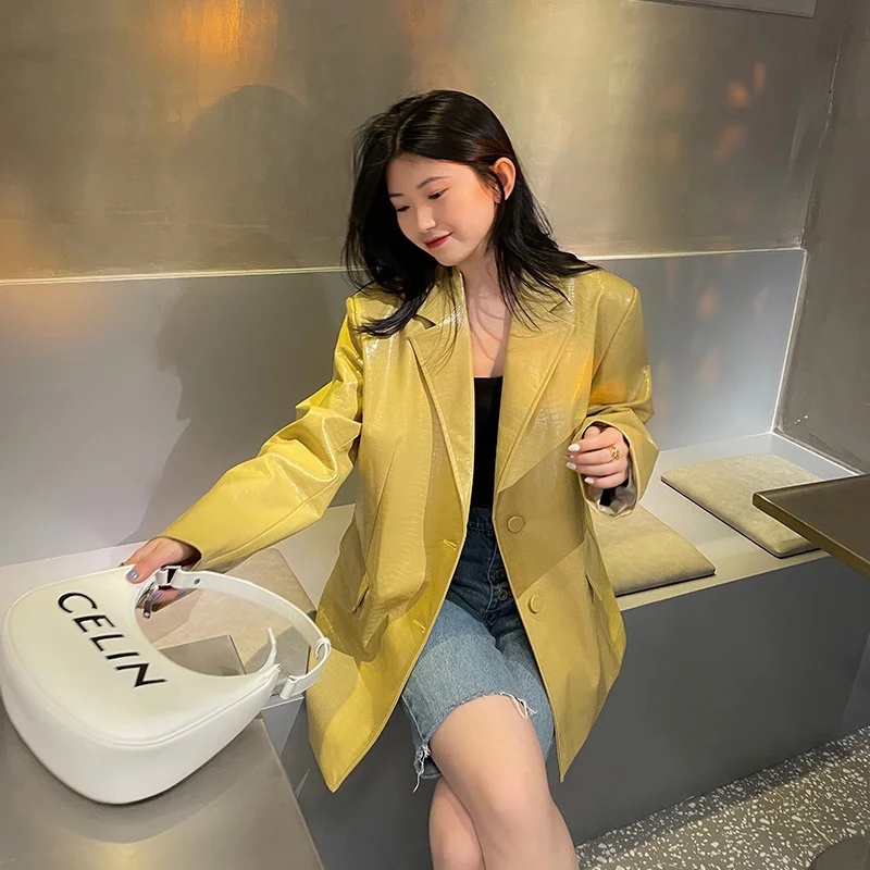 Korean Women's Faux New Leather Jacket 2023 Spring Loose Shoulder Yellow Crocodile Leather Oversized Coats