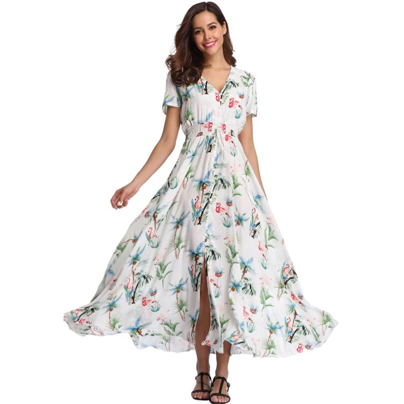 Witbuy Boho Floral Print Female Summer Maxi Dress Rayon V Neck With Button Draw String Waist Short Sleeve Sundress For Women images - 6