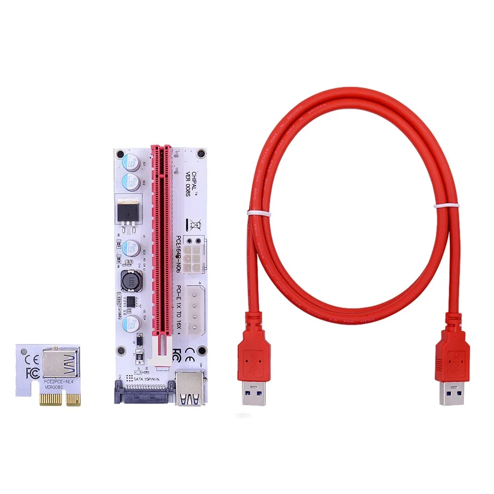 

CHIPAL 10PCS VER008S 100CM PCI-E Riser Card Adapter with 4pin 6pin SATA 3in1 Power PCIe 1X to 16X Extender for Graphics Card