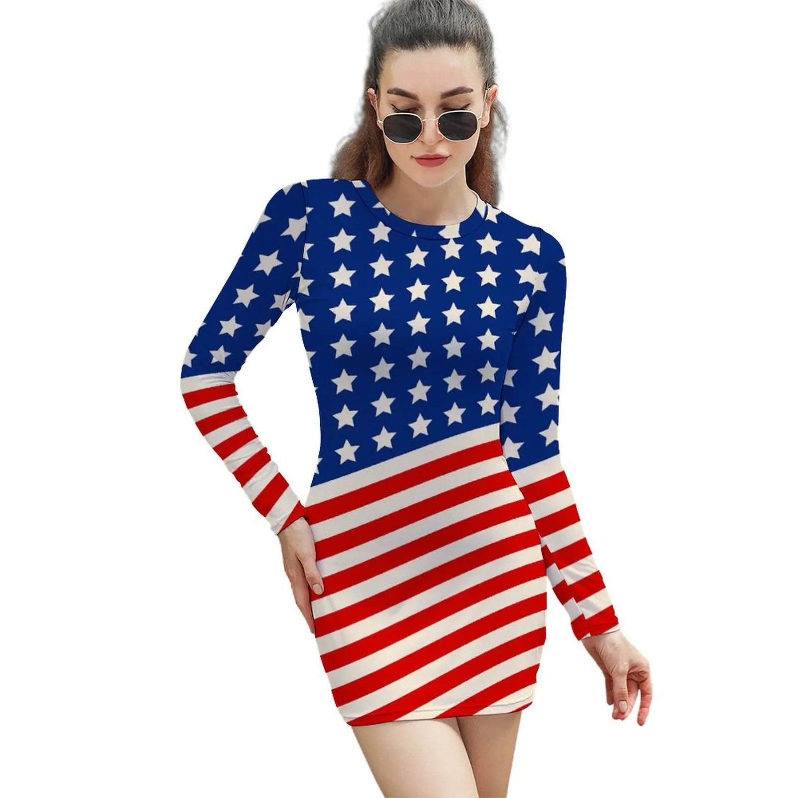 

Платье с американским флагом 4 июля, пикантные платья с длинным рукавом и звездами и полосками, осенняя женская уличная одежда, облегающее платье на заказ