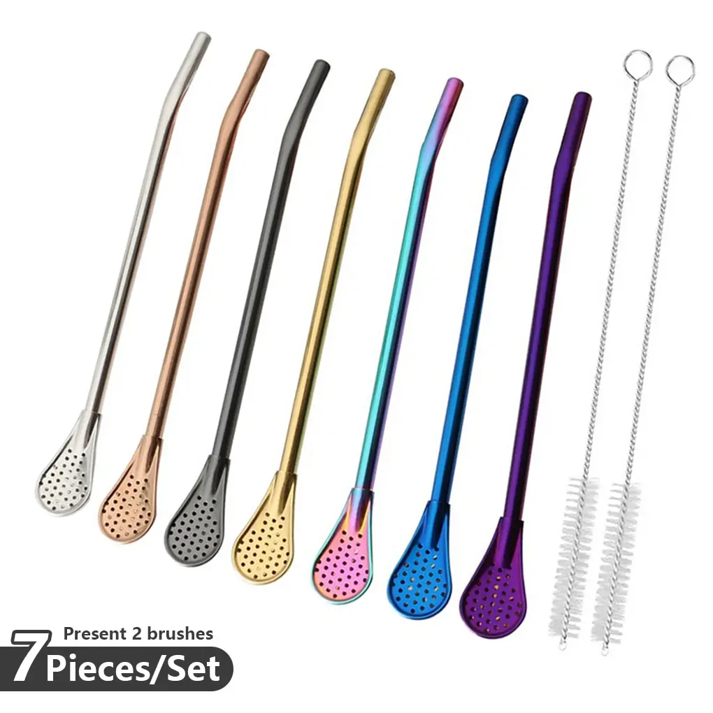 

Steel Metal Colorful Straw Reusable Straw Spoon Stainless Cocktail Drinking Straw Spoon Milk Bar Coffee Stirring Accessory