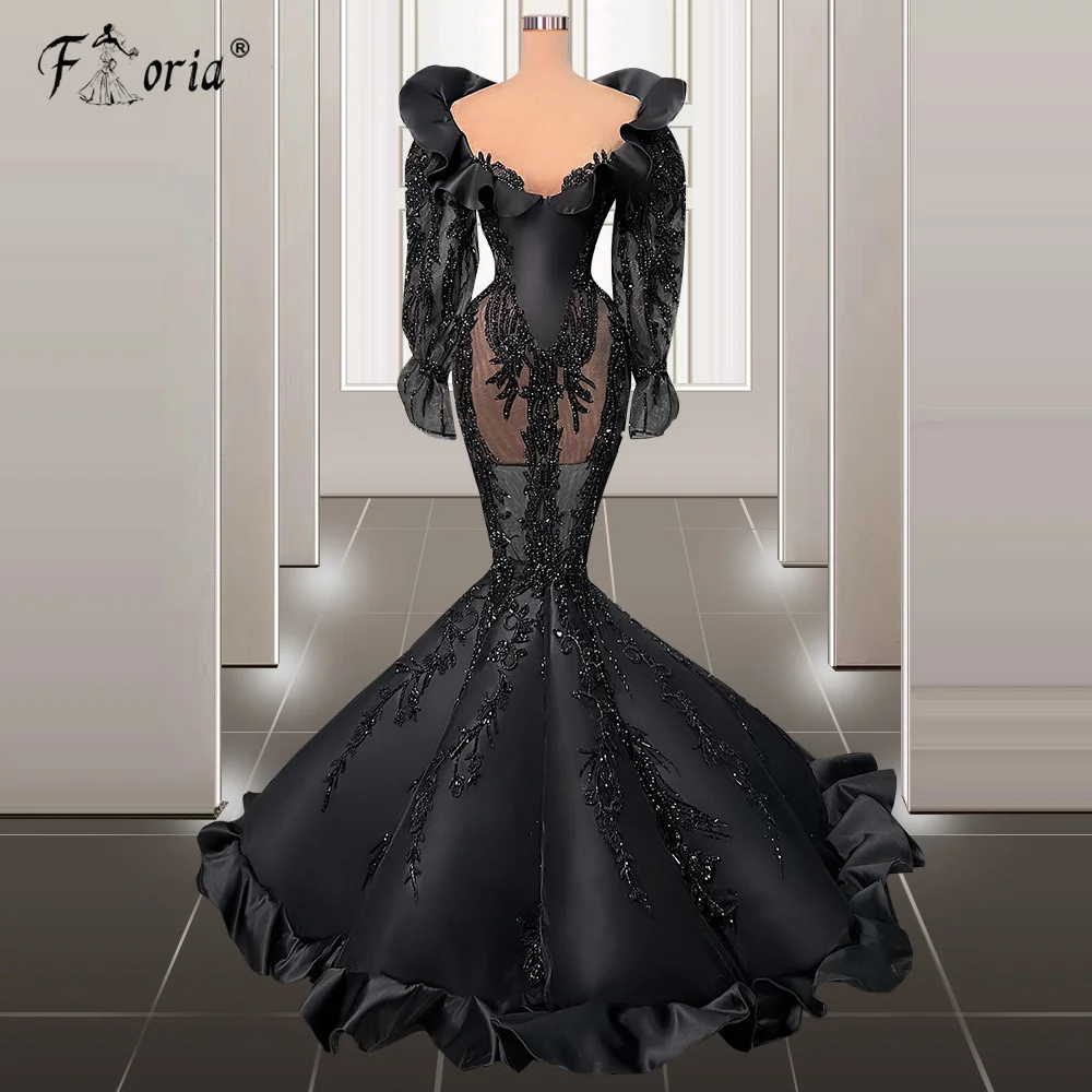 

Black Mermaid Formal Evening Dress 2023 Sexy Long Sleeves Appliques Beaded Prom Party Gowns فساتين مناسبة رسمية Custom Made