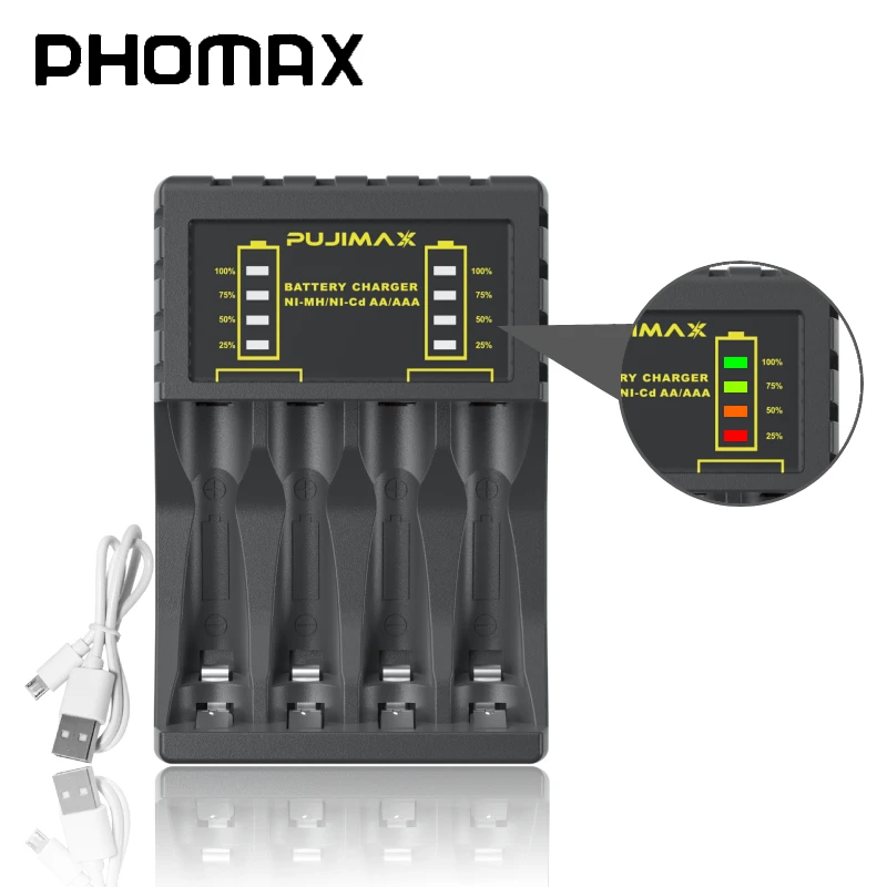 Зарядное устройство PHOMAX с 4 слотами для аккумуляторов 1,2 в NiMH/NiCd AAA/AA