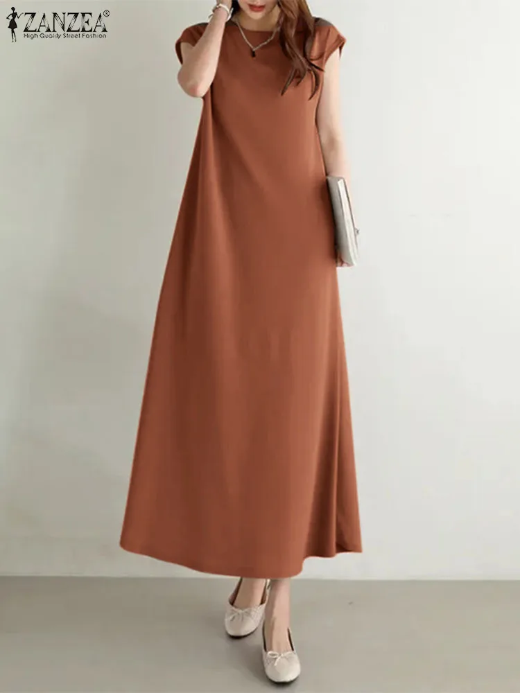 

ZANZEA Summer Holiday Sleeveless Tank Robe Female Casual Elegant Dress O-Neck Solid Sundress Beach Mid-Calf Length Vestido 2023