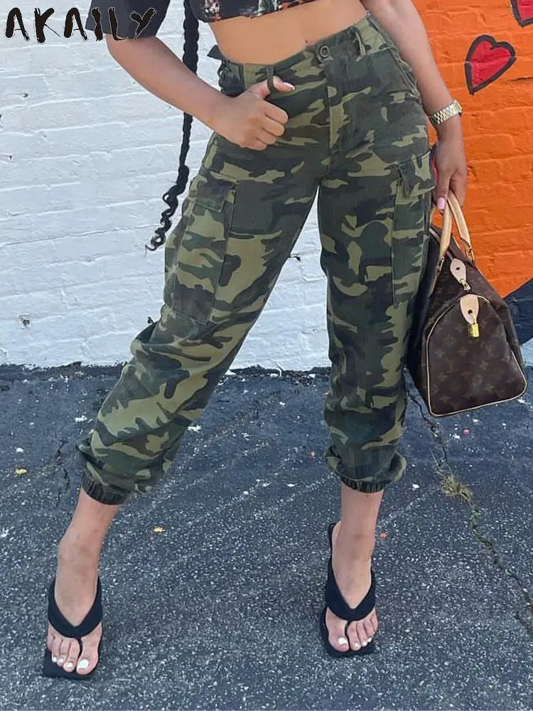 

AKAILY Summer Streetwear Leggings Geometric Pants Women 2022 Amy Green Loose Causal High Waist Camouflage Print Pants Female