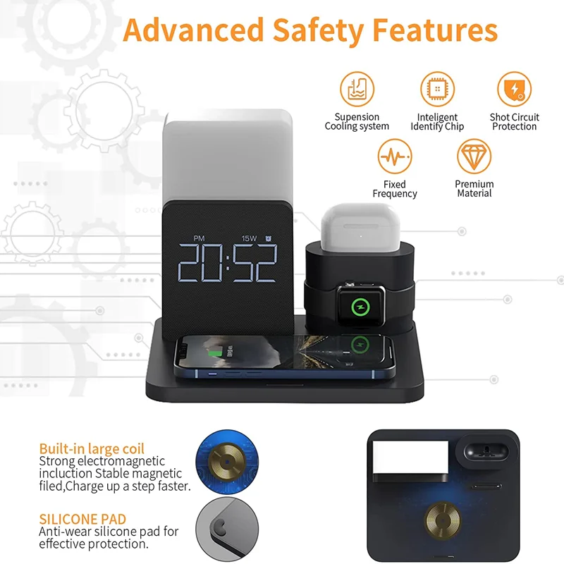 Новая зарядная станция 4 в 1 цифровой будильник ночник для iPhone 13 Samsung IWatch с