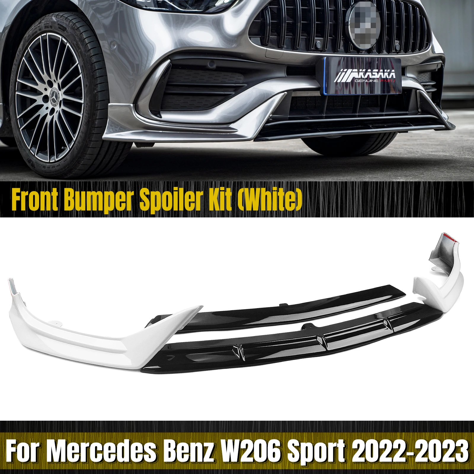 For Mercedes Benz C Class W206 Sport 2022-2023 C300 AKASAKA Black Front Bumper Spoiler Lip Blade+White Lower Side Splitter Cover