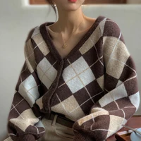 fall new vintage argyle knitted sweaters women brown blue casual v neck full sleeve single breasted loose female cardigans 2021