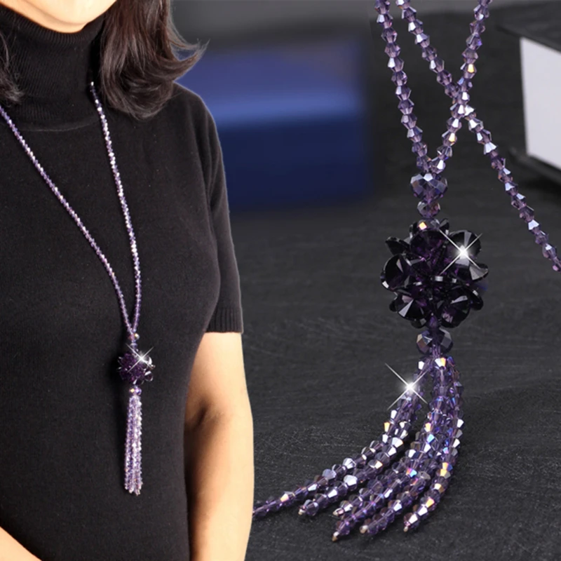 

Korean Crystal Bead Long Necklace Women Autumn Winter Joker Sweater Chain Fashion 2023 Kpop Tassel Pendant Neck Decoration