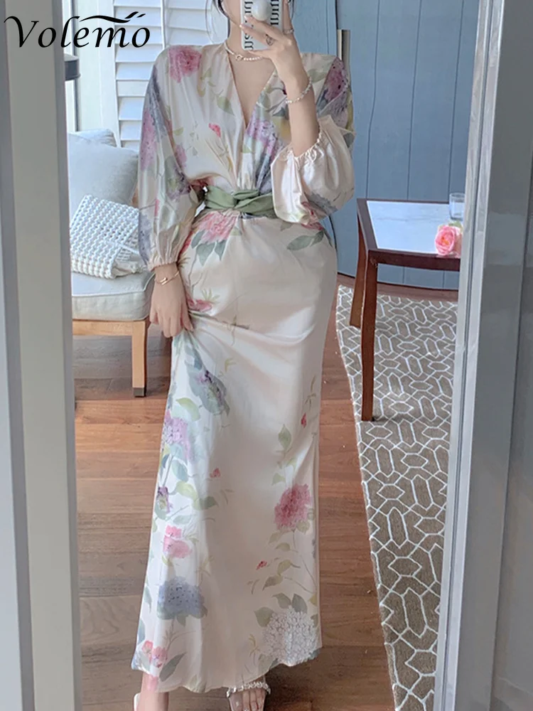 

Летнее женское модное элегантное платье миди Volemo с пышными рукавами и цветочным принтом, женское праздничное платье Y2k, длинное платье, 2023