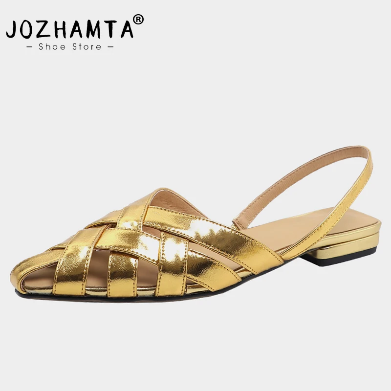 

JOZHAMTA Size 33-41 Flats Sandals Women Real Leather Woven Rome Gold Low Heels Shoes For Women Summer 2023 Fashion Sandalias