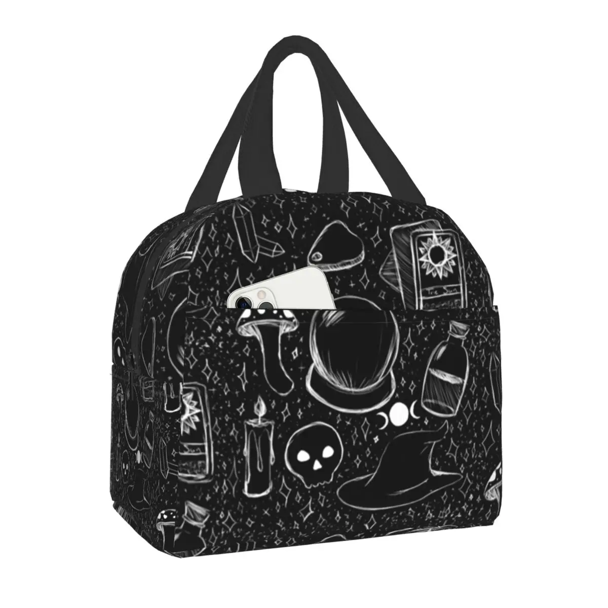 

Witchy Chalkboard Spooky Witch Skull Insulated Lunch Tote Bag for Women Goth Occult Halloween Resuable Cooler Food Lunch Box