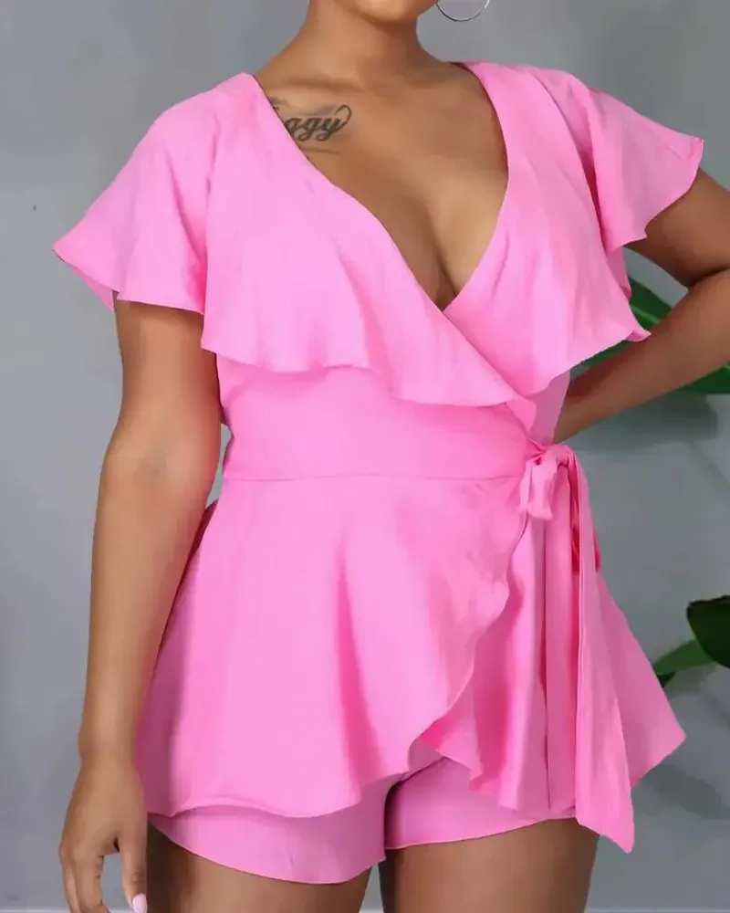 2022 Summer Fashion Tied Ruffle Hem Open Back Romper Sexy V-Neck Elegant Short Sleeve Playsuit Streetwear Jumpsuit Women