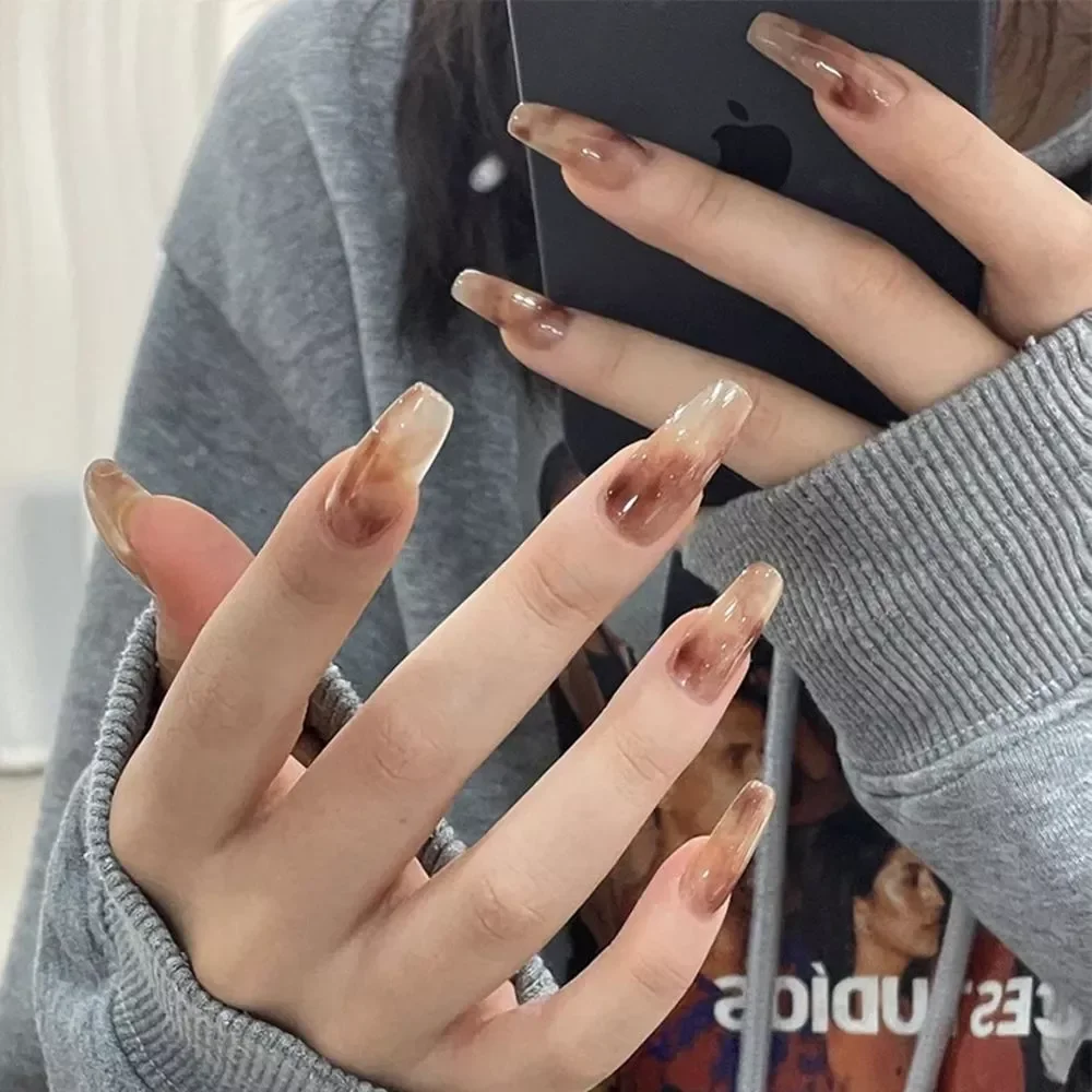 

NEW French False Nails Coffin gradient design Artificial Ballerina Fake Nails With Glue Full Cover Nail Tips Press On Nails